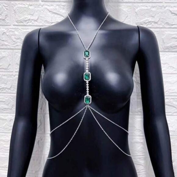 Emerald Silver Zircon Body Chain, Elegant, Classy, Minimalist, Punk - Picture 2 of 5